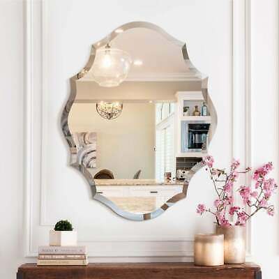 #ad Scalloped Edged Oval Wall Mirror Frameless Wide Beveled Statement Accent Decor $116.60