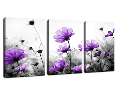 #ad Flowers Wall Art Canvas Pictures Purple Wildflowers Black and White Backgroun... $42.95