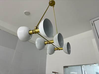 #ad 6 Light Mid century Art Deco Brushed Brass chandelier light Fixture Shade Ceilin $495.20