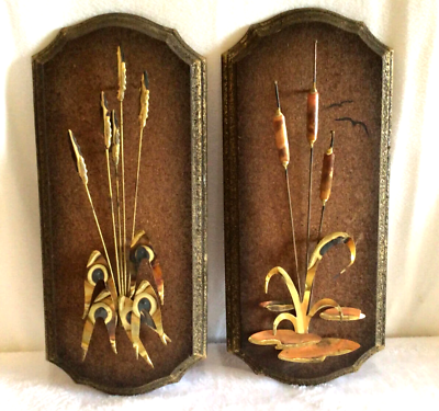 #ad 2 Vintage Home Interiors Metal Cattails amp; Wheat Plaques Wall Art Homco MCM Decor $34.99