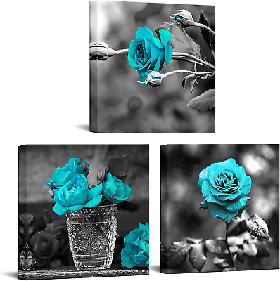 #ad 3 Piece Wall Art for Bedroom Black and White Teal Rose Canvas Wall Art Still Lif $83.73