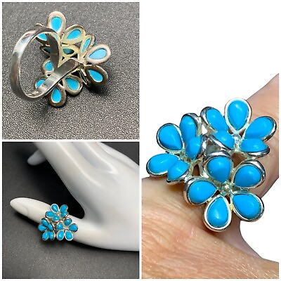 #ad Vintage 3d Flowers Ring Sterling Silver 925 Stone Turquoise Women#x27;s Jewelry Sz 7 $59.98