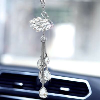#ad Car Pendant White Rhinestone Swan View Mirror Hanging Rear Decor Accessorie $13.60