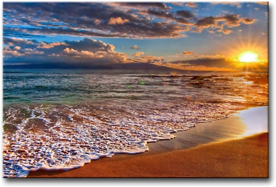 #ad Wall Art Painting Beach Sunrise White Wave Prints on Canvas the Picture Seascape $67.99