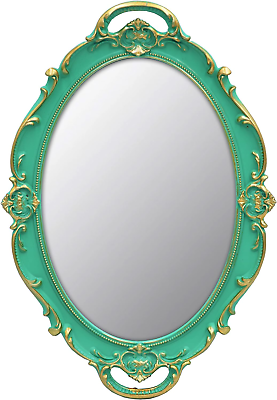 #ad Vintage Mirror Small Wall Mirror Hanging Mirror 14.5 x 10 inchs Oval Green $21.98