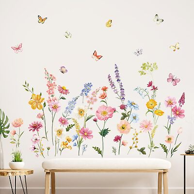 #ad Flower Wall Decals Daisy Wildflower Grass Butterflies Wall Stickers Girls Bed... $23.73