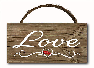 #ad Love Word Script Heart Hanging Wood Plaque Wall Sign Rustic Room Decor 12x6 $14.99