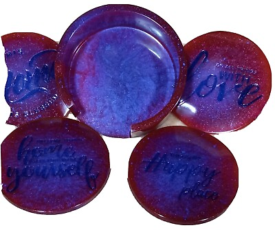 #ad Home Inspirational Round Hand made Resin Coaster Set Red Wine Blue $16.95