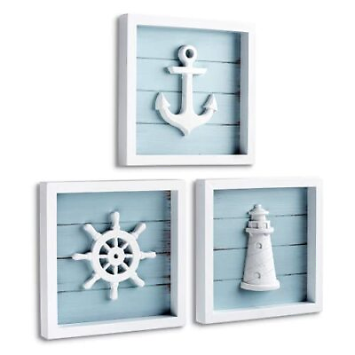 #ad TideAndTales Nautical Wall Decor 7quot;x7quot; with 3D Anchor Lighthouse and Ship ... $43.99