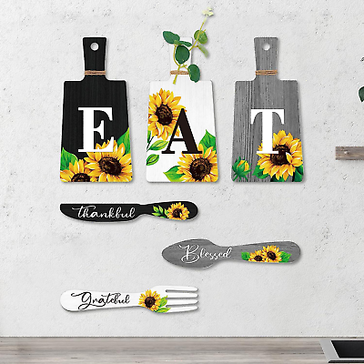 #ad #ad Set of 6 Sunflower Kitchen Decor Sets Eat Signs Fork and Spoon Wooden Kitchen Wa $20.45