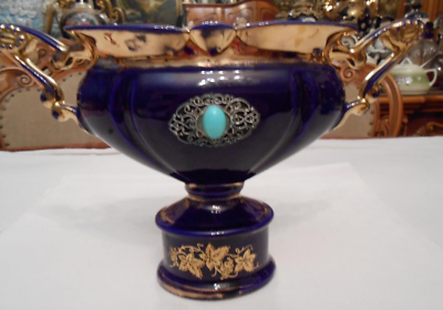 #ad Vase Cobalt Porcelain Vintage Hand Italy Big Decor Blue Rare Bowl 1940s Handles $120.00