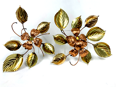 #ad Vtg Floral Brass Copper Wall Decor Metal Art Dogwood Flowers Leaves MCM 2 Pieces $21.95
