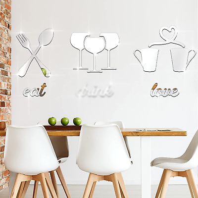 #ad Kitchen Logo Mirror Wall Stickers Fork Spoon Cup Teacup 3D Acrylic Mirror Decal $18.61