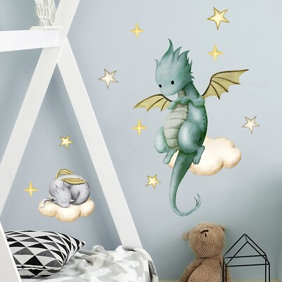 #ad Flying Dragon Baby Wall Decal Star Moon Sticker Nursery Kids Children Room Decor $8.99