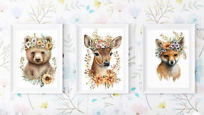 #ad Nursery Prints Forest Floral Animals Set of 3 Art Prints Kids Room Wall Art $14.99
