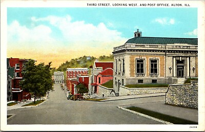 Post Office postcard Illinois IL Alton Third Street hill cars stone wall trees $4.49