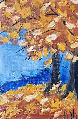 #ad #ad Original oil on canvas painting fall landscape #2 yellow tree small art 6x4quot; $15.70