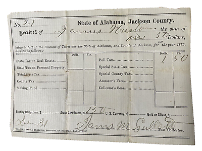 #ad State of Alabama Jackson County Receipt Antique 1875 tax collector $14.95