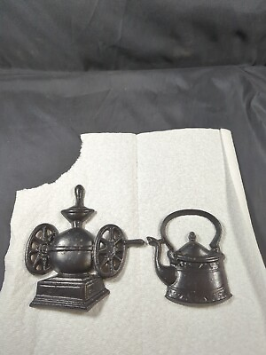 #ad Vintage Cast Iron Hanging Kitchen Decor Coffee Grinder Tea Pot Lot Of 2 Taiwan $20.00