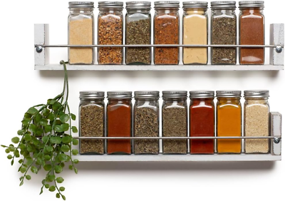 #ad Farmhouse Kitchen Decor Wall Mounted Spice Rack W 2 Shelves in Washed White F $23.88