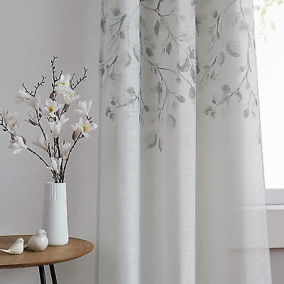 #ad Leaf Floral Print Metallic Sheer Linen Window Curtain Panel for Rustic Living Ro $43.49