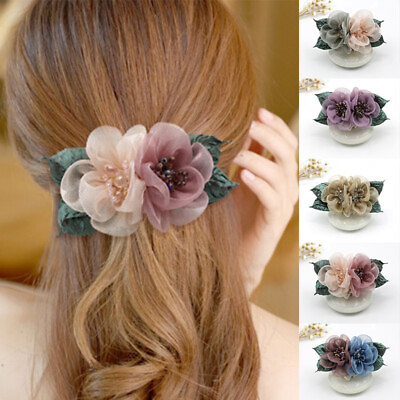 #ad Organza Flower Hair Clip Hairpins Net Yarn Crystal Hairgrip Ponytail Barrettes C $0.99