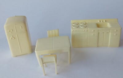 #ad Vintage 1960s Dollhouse Miniature Kitchen Yellow Table Chairs Fridge Sink Set $20.69