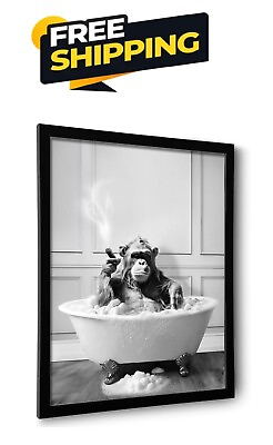 #ad Framed Bathroom Decor Wall Art Chimpanzee in Bathtub Black and White Wall Art $20.77