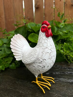 #ad White Rooster Figurine Metal Feet 9.5 inches Statue Farm Bird Country Kitchen $42.99