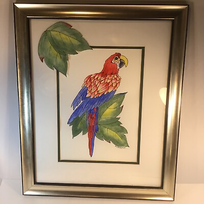 #ad Home decor wall art framed watercolor picture of parrot 19”x23” $19.99