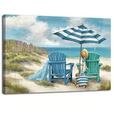 #ad Blue Ocean Beach Chairs Vibrant 11.8quot; x 15.7quot; Framed Canvas Wall Art NEW $13.98