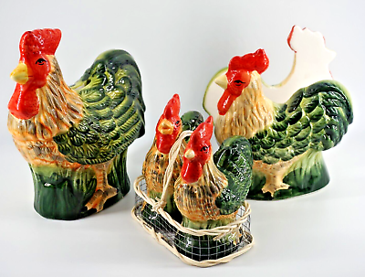 #ad Rooster Country Table Farmhouse Décor Salt amp; Pepper Shakers Napkin Holder amp;Bank $16.99