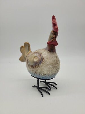 #ad Ceramic Rooster Chicken w Metal Legs 10quot; Tall Farmhouse indoor outdoor Decor $21.59