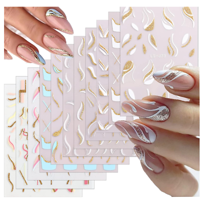 #ad 3D Glitter Gold Line Nail Art Stickers Decals French Tip Wavy Fringe Stripe NH22 $2.49