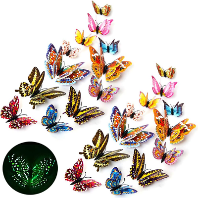 #ad 3D Butterfly Wall Stickers Decor 24 Pcs Luminous Colorful Butterfly Wall Decals $13.32