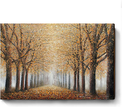 #ad #ad Tree Wall Art for Living Room Hand Painted Forest Oil Painting Framed Yellow Gro $165.09