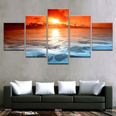 #ad Beach Waves Red Sky Sunset Glow 5 Pieces Canvas Print Wall Art Home Decoration $161.80