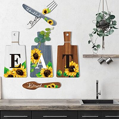 #ad Bucherry 6 Pieces Sunflower Kitchen Decor Eat Signs Fork and Spoon Wooden $18.99