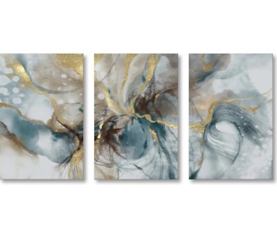 Turquoise and Gold Abstract Wall Art Watercolor Painting 36”Wx12”H 12”x16” 3pcs $15.00