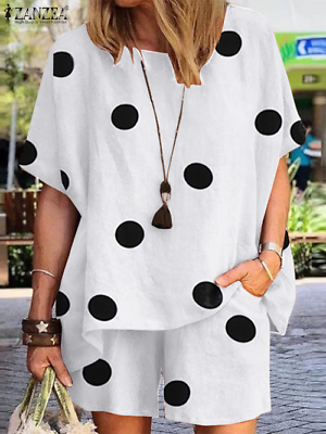 #ad Summer Women Matching Sets O Neck Half Sleeve Polka Dots Printed Blouse $40.45