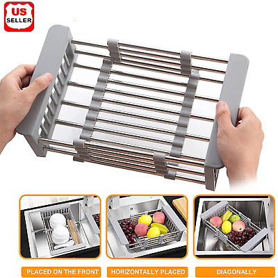 #ad Adjustable Stainless Steel Kitchen Dish Drying Sink Rack Drain Strainer Basket♪ $12.98