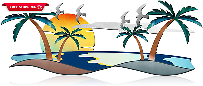 #ad Beach Coastal Wall Decor Tropical Metal Wall Decor Art Sea Waves Gulls Sunset Co $27.71
