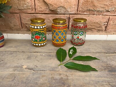 #ad Glass pickle jar set of 3 painted festival gift kitchen decor storage bottles $174.31