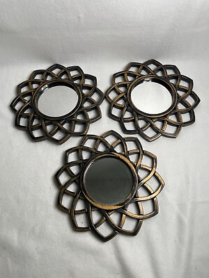 #ad Vintage Set of 3 Mini Accent Mirror Distressed Gold Geometric Hanging Wall Decor $14.99