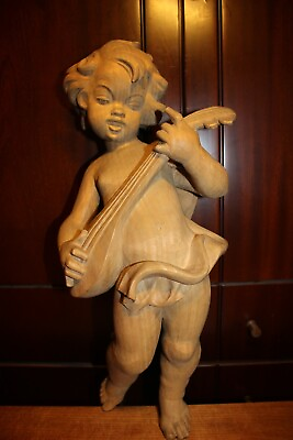 #ad 19TH 18quot; WOOD HAND CARVED FLYING ANGEL CHERUB PUTTO WALL FIGURE STATUE SCULPTURE $392.00