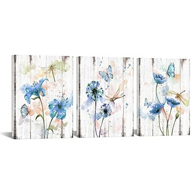 #ad Rustic Blue Flower Canvas Wall Art Dandelion Lily Flower with Butterfly Painting $45.29