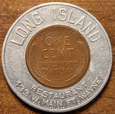 #ad 1957 D Fort Wayne Indiana IN Long Island Restaurant Good Luck Encased Cent Token $14.99