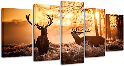 #ad Brown Canvas Prints Wall Art Deer Elks in Autumn Sunset Forest Pictures Painting $77.02
