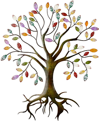 #ad Metal Tree Wall Sculpture Gold Tree Home Decor Multi Colored Leaf Art Handcrafte $19.87