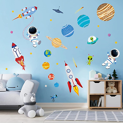 #ad Outer Space Wall Decals Rocket Planets Astronaut Wall Stickers Baby Nursery Boys $21.78